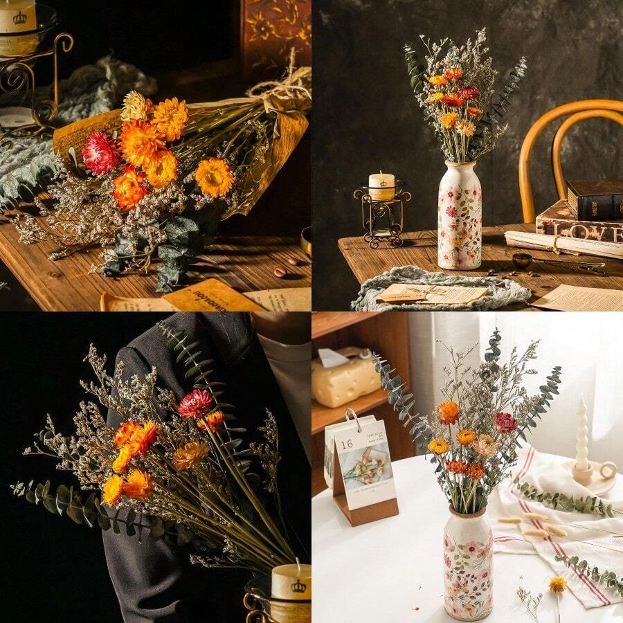 Dried Daisy Flower Bouquet With Eucalyptus Babies Breath Used For Home Farmhouse Decor Table Decor Real Dried Flowers For Vase Gift For Mother Friend. 16.5 Inches