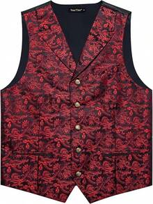 Mens Suit Vest 4PC Silk Paisley Vest With Necktie Pocket Square Cufflinks Formal Woven Waistcoat Suit TuxedoChristmas SAOA - 紅色花卉 - 查看 9