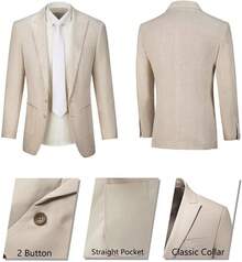 Mens Linen Suits 2 Piece Beach Wedding Blazer Summer Grooms Classic Lightweight Breathable Jacket Pantshalloween - Xanh nhạt - Xem 4
