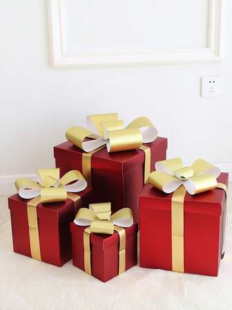 4pcs Christmas Red Lid Bow Ribbon Decor Gift Box, Prop For Photography, Party, Gift Packaging Home Decor Christmas Decorations Room Decor Winter