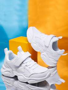 1 双儿童休闲运动鞋，纯色，防臭，透气网眼和 PU 皮革拼接，低帮，钩环闭合，适合街头、学校、小学男孩和女孩，轻便，EVA 缓冲鞋底，户外跑步鞋 - 白色 - 查看 4