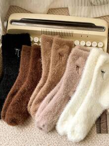 2/4 Pairs White And Brown Fuzzy Crew Socks For Women, Bow Design, Warm & Fluffy, Soft & Comfortable, Suitable For Autumn/Winter, Random Color - Multicolor - View 7