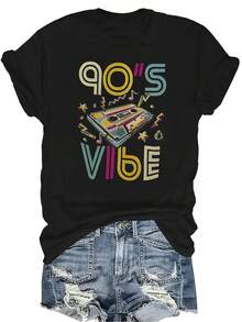 Camiseta con estilo de los 90, unisex, de verano, casual, transpirable, con personalidad, cuello redondo, manga corta, ropa de calle, versátil, adecuada para adolescentes y adultos - Negro - Ver 1