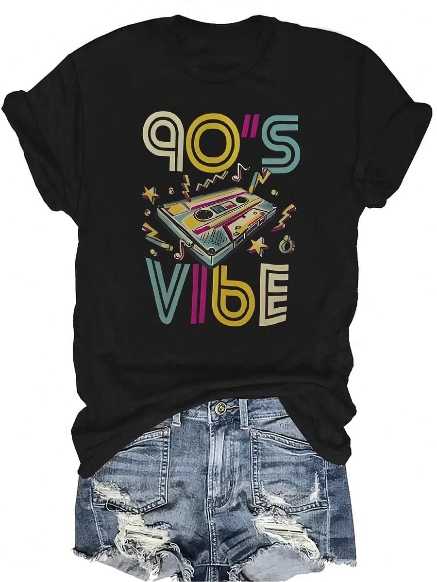 Camiseta con estilo de los 90, unisex, de verano, casual, transpirable, con personalidad, cuello redondo, manga corta, ropa de calle, versátil, adecuada para adolescentes y adultos - Negro - Ver 1
