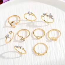 9-Piece Set/Love Butterfly Star Moon Ring Diamond Heart-Shaped Leaf-Shaped Ring, Ladies' Light Luxury High-Quality Alloy Splicing Ring, Suitable For Girlfriends And Besties Gifts - 金色 - 查看 9