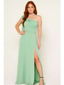 Bridesmaid Dress For Party Guests Reception Graduation Without Shine Cape Sleeve In Fluity Cpom Flower Brooch - Mint Green - View 1