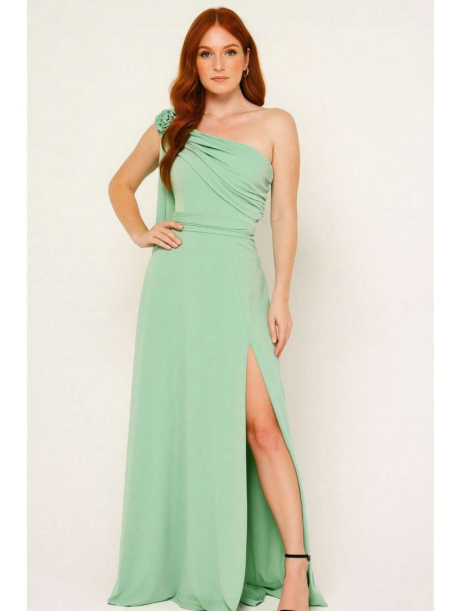 Bridesmaid Dress For Party Guests Reception Graduation Without Shine Cape Sleeve In Fluity Cpom Flower Brooch - Mint Green - View 1