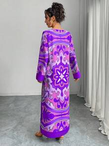 Middle Eastern Style Women's Abaya Dress, Round Neck, Color Block Print, Long Loose Fit Long Sleeve Ruffle Cuff, Elegant, Vacation Vibe, Holiday, Autumn/Winter Casual Maxi Dress, Evening Gown