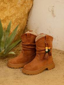 New Brown Colorful Beaded Pendant Decorated Girls Short Boots, Simple Slip-On Comfortable Back-To-School Children's Boots, Quality Faux Suede Material, Cozy Lining And Thick Soft Sole, Suitable For 4-18 Years Old Kids, Versatile Mid-Calf Boots For All Seasons