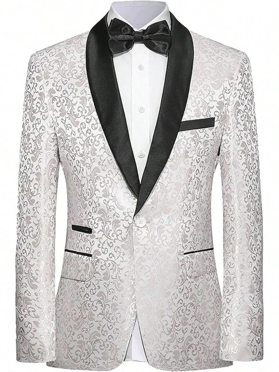 Men's Floral Dinner Party Prom Wedding Stylish Suits For Men One Button Dinner Jacket Pants Sethalloween - 白色 - 查看 1