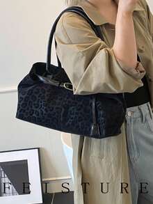 1pc Leopard Print Large Capacity Tote Bag, Fashion Strap Decor Shoulder Bag, Magnetic Closure, Suitable For Daily Outing, Dating, Commuting - Black - View 8