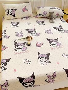 Sanrio 1 szt. Prześcieradło z dopasowaną gumką z uroczym nadrukiem kreskówkowym, pościel Kuromi/Cinnamoroll/Hello Kitty, ochraniacz na materac, narzuta na łóżko, prześcieradło z dopasowaną gumką, wygodny materiał tekstylny do domu, oddychający, antypoślizgowy ochraniacz na materac, dekoracja do domu, pasuje do wszystkich rozmiarów łóżek – jednoosobowego, dwuosobowego, dwuosobowego, królewskiego, odpowiedniego na każdą porę roku, pyłoszczelna narzuta na łóżko, nadaje się do prania w pralce - Biały - Zobacz 7