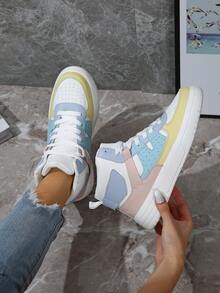 Women's High-Top Casual Sneakers, Fashionable And Versatile Patchwork Color Design, Breathable, Comfortable And Soft Fabric - White Yellow Moon - View 4
