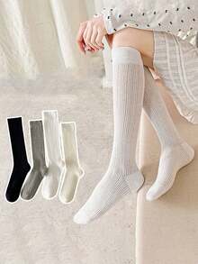4 Pairs Solid Color Thin Calf Socks For Women, Breathable Mesh Texture, Ballerina Style Long Socks, Summer
