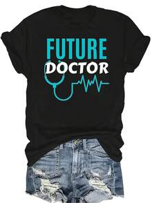 Camiseta de verano unisex casual y transpirable con cuello redondo y manga corta, con estampado de "Futuro médico, próximo interno destacado, amigo", adecuada para adolescentes y adultos - Negro - Ver 1