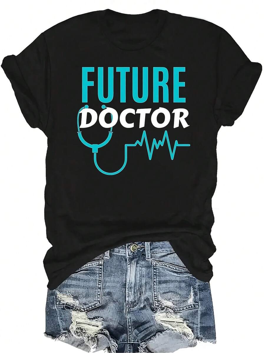 Camiseta de verano unisex casual y transpirable con cuello redondo y manga corta, con estampado de "Futuro médico, próximo interno destacado, amigo", adecuada para adolescentes y adultos - Negro - Ver 1
