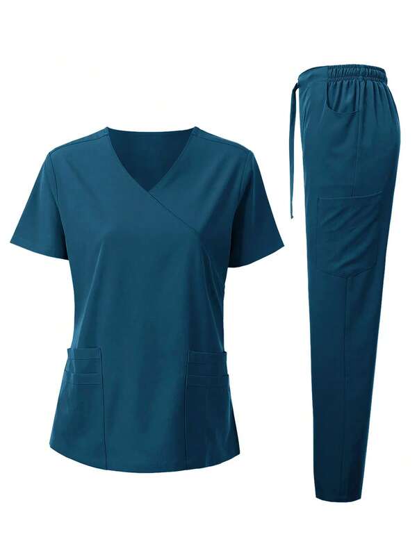 Women's Solid Color Uniform Set, V-Neck Pullover Top With Multiple Pockets, Straight Leg Pants
