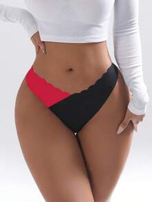 5 件/包无缝扇贝设计女士内裤，舒适撞色丁字裤，豹纹和丝绸面料，适合所有季节和日常穿着 - 彩色 - 查看 3