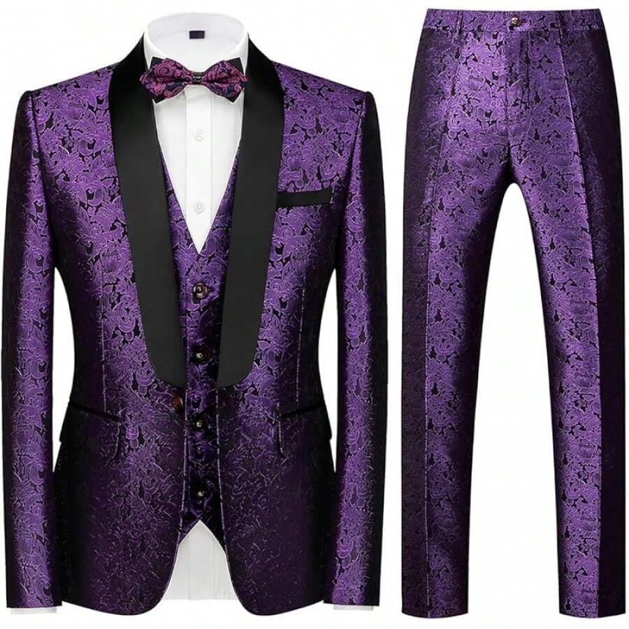 Mens Suits Slim Fit 3 Piece Suit Set For Prom Wedding Party Paisley Jacket Vest Pants Homecoming Outfithalloween - Màu tím - Xem 1