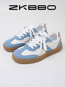 ZKBBO. 女士休闲运动鞋，平底，轻便，舒适，系带，圆头，复古，多色，健身，步行鞋 - 藍白色 - 查看 6