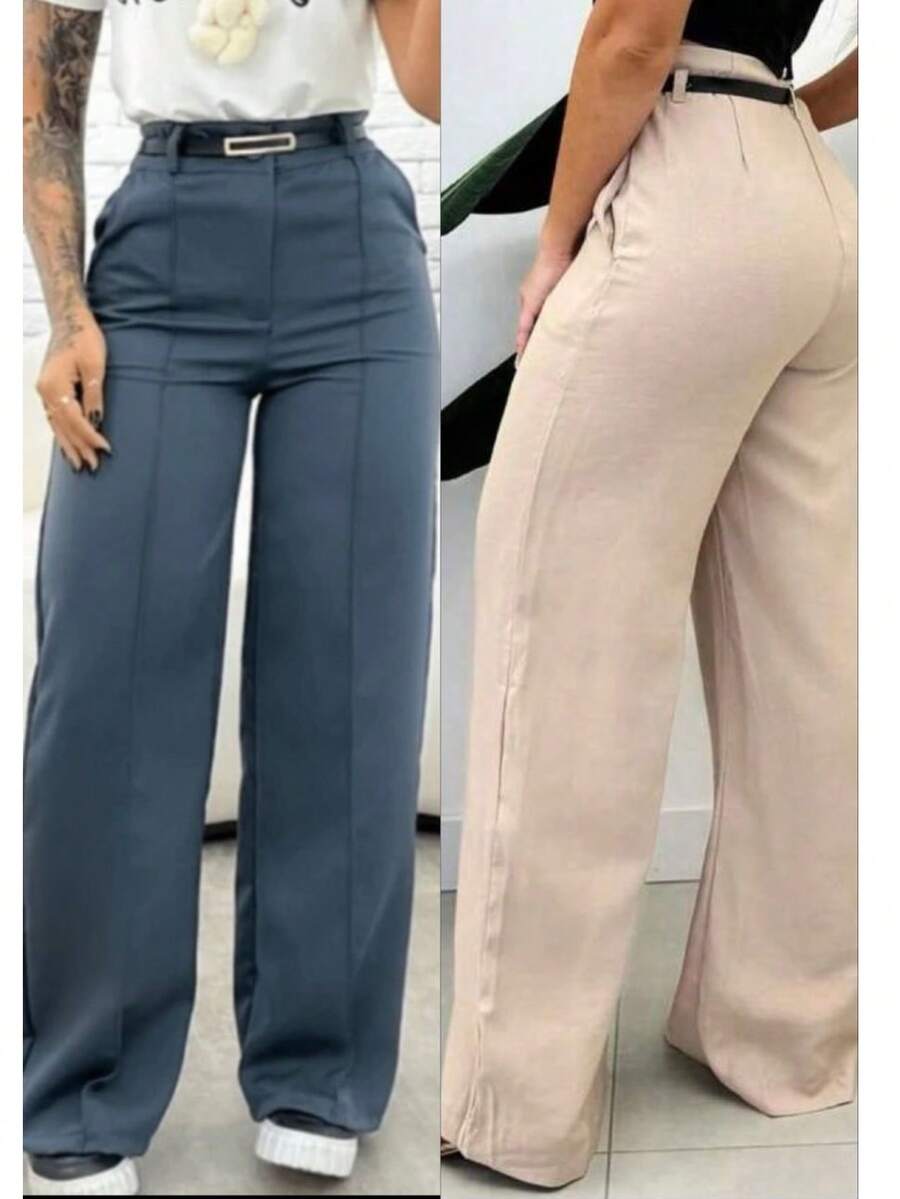 Kit Of 2 Women's Tailored Wide Leg Pants With Belt, Winter/Summer 2026 - 米色/灰色 - 查看 1