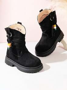 New Brown Colorful Beaded Pendant Decorated Girls Short Boots, Simple Slip-On Comfortable Back-To-School Children's Boots, Quality Faux Suede Material, Cozy Lining And Thick Soft Sole, Suitable For 4-18 Years Old Kids, Versatile Mid-Calf Boots For All Seasons