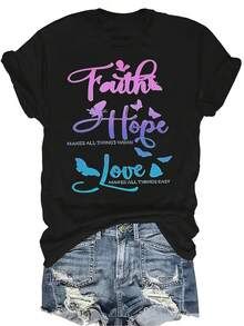 Camiseta "Fe, Esperanza, Amor" Unisex de verano, casual, transpirable, de personalidad, cuello redondo, manga corta, ropa de calle, versátil, adecuada para adolescentes y adultos - Negro - Ver 1