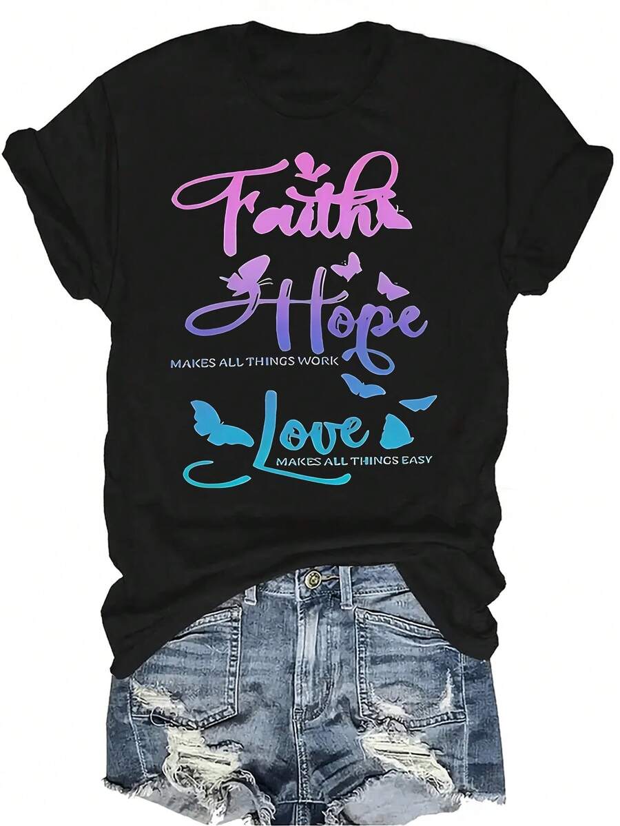 Camiseta "Fe, Esperanza, Amor" Unisex de verano, casual, transpirable, de personalidad, cuello redondo, manga corta, ropa de calle, versátil, adecuada para adolescentes y adultos - Negro - Ver 1