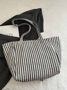 Striped Casual Large Capacity Simple Shopping Vacation School Tote Bag, School Supplies, School Bag, School Handbag, School Tote Bag, School Bookbag, Back To School Bags, Lightweight, Portable, Foldable, Classic Casual, Suitable For Teen Girls Women College Students, Perfect For Back To School, First Day Of School, Holiday, Beach, Tote Bags For Women, College Essentials - Black and White - View 4