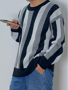 Maglione a girocollo a maniche lunghe in maglia a righe, morbido e confortevole, casual, per uomo taglia oversize, adatto per autunno/inverno