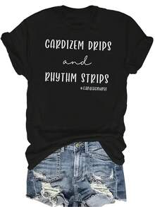 Camiseta unisex de enfermería de telemetría cardíaca con estampado de "Cardizem Drips And Rhythm Strips", de verano, casual, transpirable y de cuello redondo de manga corta, adecuada para adolescentes y adultos - Negro - Ver 1