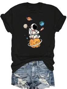 Camiseta con estampado de astronauta, unisex, de verano, casual, transpirable, de cuello redondo, de manga corta, de estilo urbano, versátil, adecuada para adolescentes y adultos - Negro - Ver 1
