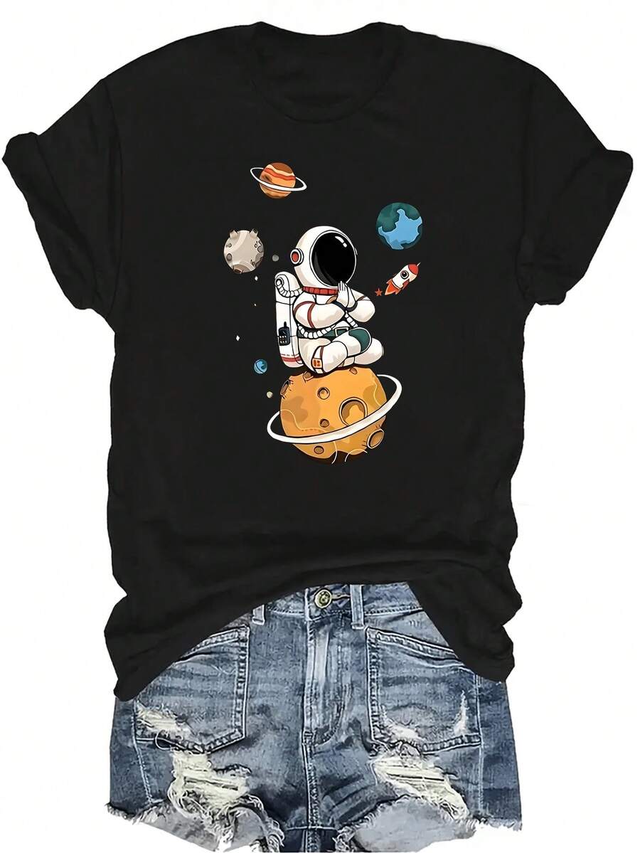 Camiseta con estampado de astronauta, unisex, de verano, casual, transpirable, de cuello redondo, de manga corta, de estilo urbano, versátil, adecuada para adolescentes y adultos - Negro - Ver 1