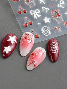 卡通樱桃爱心蝴蝶结浮雕美甲贴纸，水果图案指甲转印贴纸，亮面星星指甲贴花，适合女性沙龙美甲DIY用品 - 彩色 - 查看 7