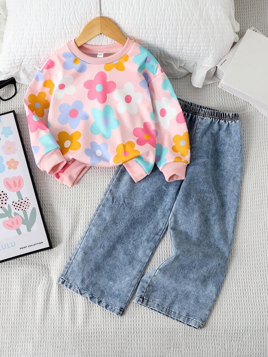 2 件套少女花卉印花运动衫和宽松牛仔裤套装，适合日常穿着、返校、公园、生日、秋冬季 - 淺藍色 - 查看 1