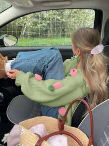 Senya 女士 V 领长袖手工钩织 3D 立体花卉单扣针织开衫，宽松休闲简约，适合日常穿着、浪漫约会、假期、毕业典礼、返校季、情人节等场合。 - 綠色 - 查看 6