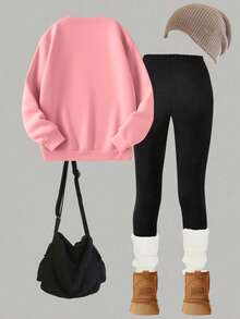 Bộ 2 quần nỉ và quần legging in họa tiết hoạt hình dễ thương và phong cách cho bé gái tuổi teen, thoải mái và co giãn, trang phục thường ngày cho mùa xuân thu - Hồng - Xem 3