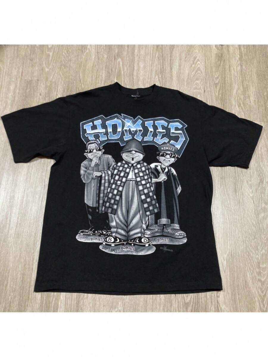 Homies Graphic Tee XL Men Chicano Culture Cotton T-Shirt Black Cartoon Print Casual Bohemian Style All-Season Wear Hand Wash Only Men Size S-3XL - 黑色 - 查看 1