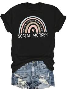 Camiseta arcoíris de trabajador social, unisex, de verano, casual, transpirable, de personalidad, cuello redondo, manga corta, ropa de calle, versátil, adecuada para adolescentes y adultos - Negro - Ver 1