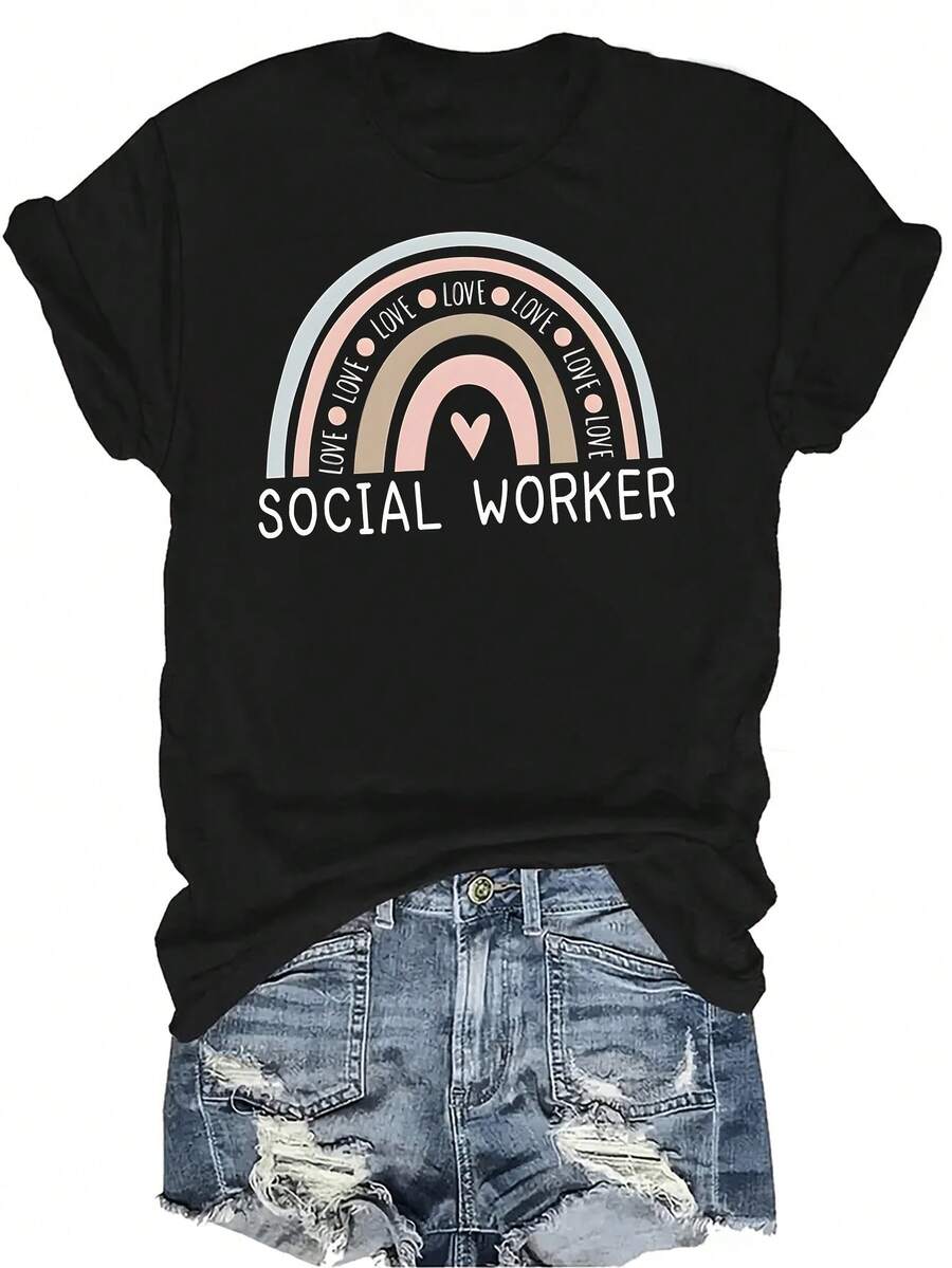 Camiseta arcoíris de trabajador social, unisex, de verano, casual, transpirable, de personalidad, cuello redondo, manga corta, ropa de calle, versátil, adecuada para adolescentes y adultos - Negro - Ver 1