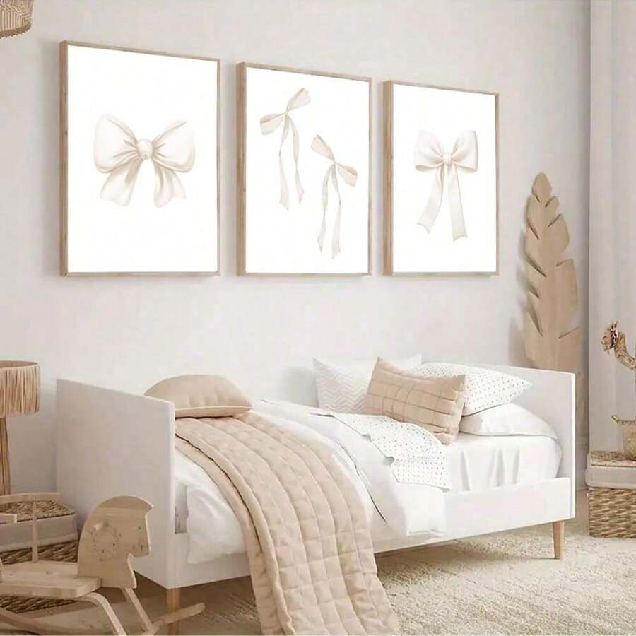 3幅无框米色领结学院风艺术帆布海报，适合女孩房间装饰，简约可爱，可用于宿舍、客厅、青少年房间、卧室、家居装饰。