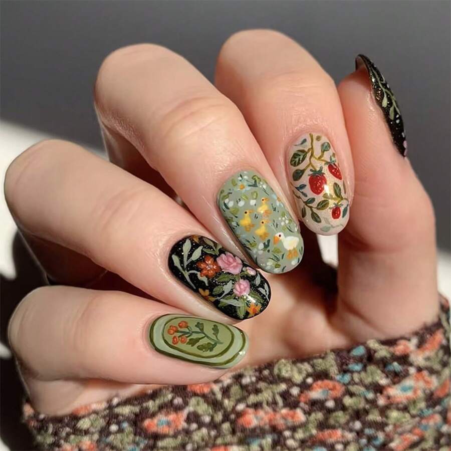 24 Pcs Fresh Floral Vintage Press-On Nails - Almond Shape Handmade Y2K Aesthetic Nail Supplies |   Unas Press On, Unas Postizas & Ready-To-Wear Fake Nails - HYC-DY-304 - 查看 1