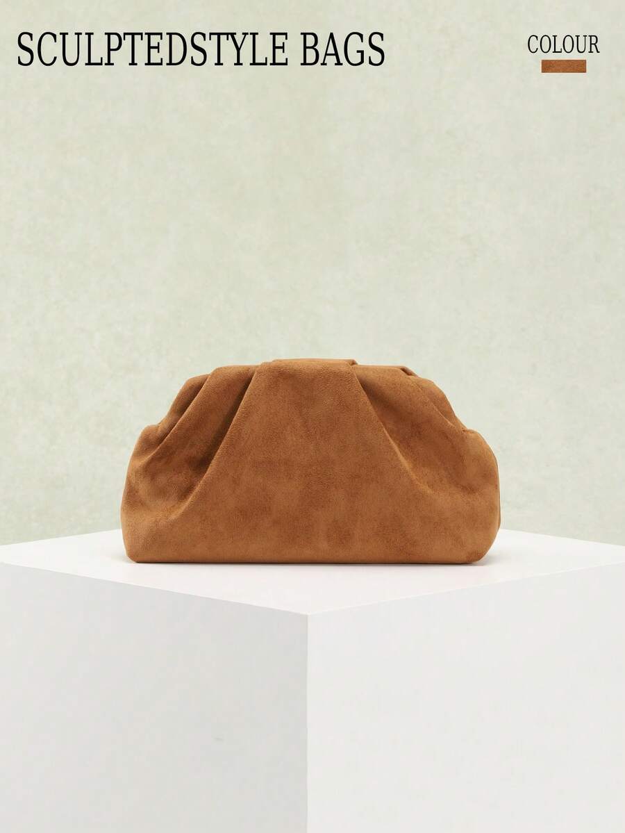 SCULPTEDSTYLE BAGS 1件秋冬新款復古棕色紋理麂皮手拿包,美拉德風女款手提包,歐美時尚百褶極簡女款手拿包,附鏈條肩帶可斜跨 - 棕色 - 查看 1