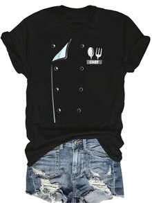 Chaqueta de uniforme de chef, camisa de cocina divertida para cocinar, camiseta unisex de verano casual y transpirable con cuello redondo y manga corta, adecuada para adolescentes y adultos - Negro - Ver 1