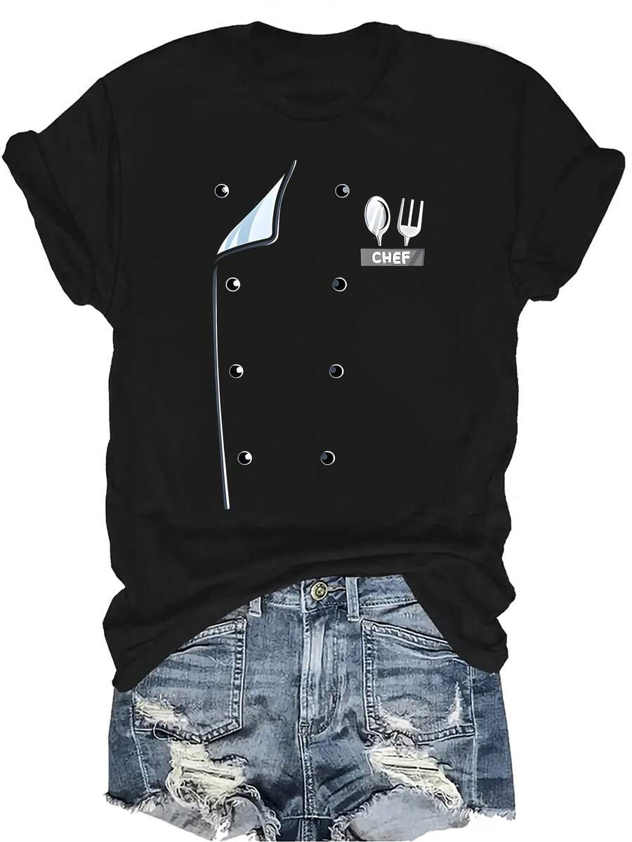 Chaqueta de uniforme de chef, camisa de cocina divertida para cocinar, camiseta unisex de verano casual y transpirable con cuello redondo y manga corta, adecuada para adolescentes y adultos - Negro - Ver 1