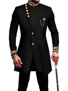 Men`S Suit Double Breasted Slim Fit Embroidery Chain Blazer And Pants Set Dashiki Outfits African Clotheshalloween - 黑色 - 查看 1