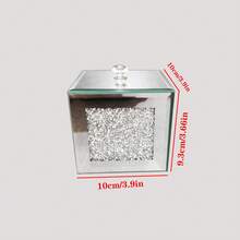 1pc Rhinestone Mirror Glass Desktop Storage Box - Covered Dust-Proof Jewelry Box | Hair Clip & Tie Organizer | Toothpick Box | Crystal Cleaning Wipe Box - Silver - View 7