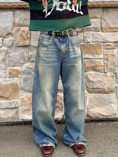 Herren Lässig Mode Loose Fit Verwaschen Weite Bein Jeans, amerikanischer Vintage Destroyed Y2K Streetwear Jeans, Ganzjährig