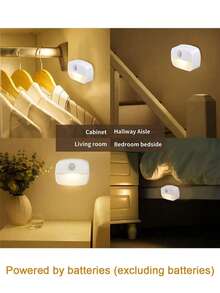 Motion Sensor Indoor LED Night Light, Adhesive, Battery Powered, Suitable For Corridor, Stairs, Bathroom, Wardrobe, Bedroom (AAA Batteries Not Included), 1/2/3 Pcs Set - White - View 3