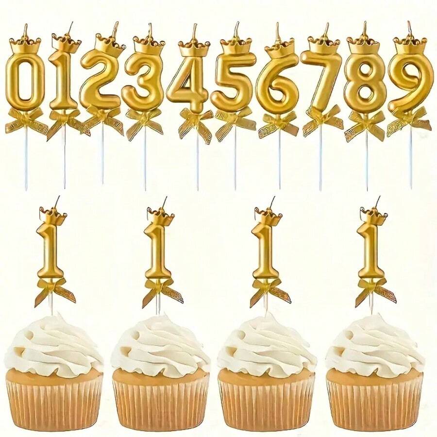 Kit 2 - Birthday Candles, Decorative Birthday Number, Cake Topper With Crown And Bow - 金色 - 查看 1
